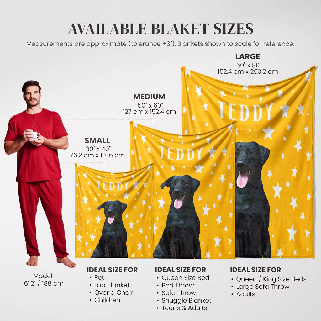 Yellow dog blanket with black Labrador dog design and size chart for different dog blanket sizes.