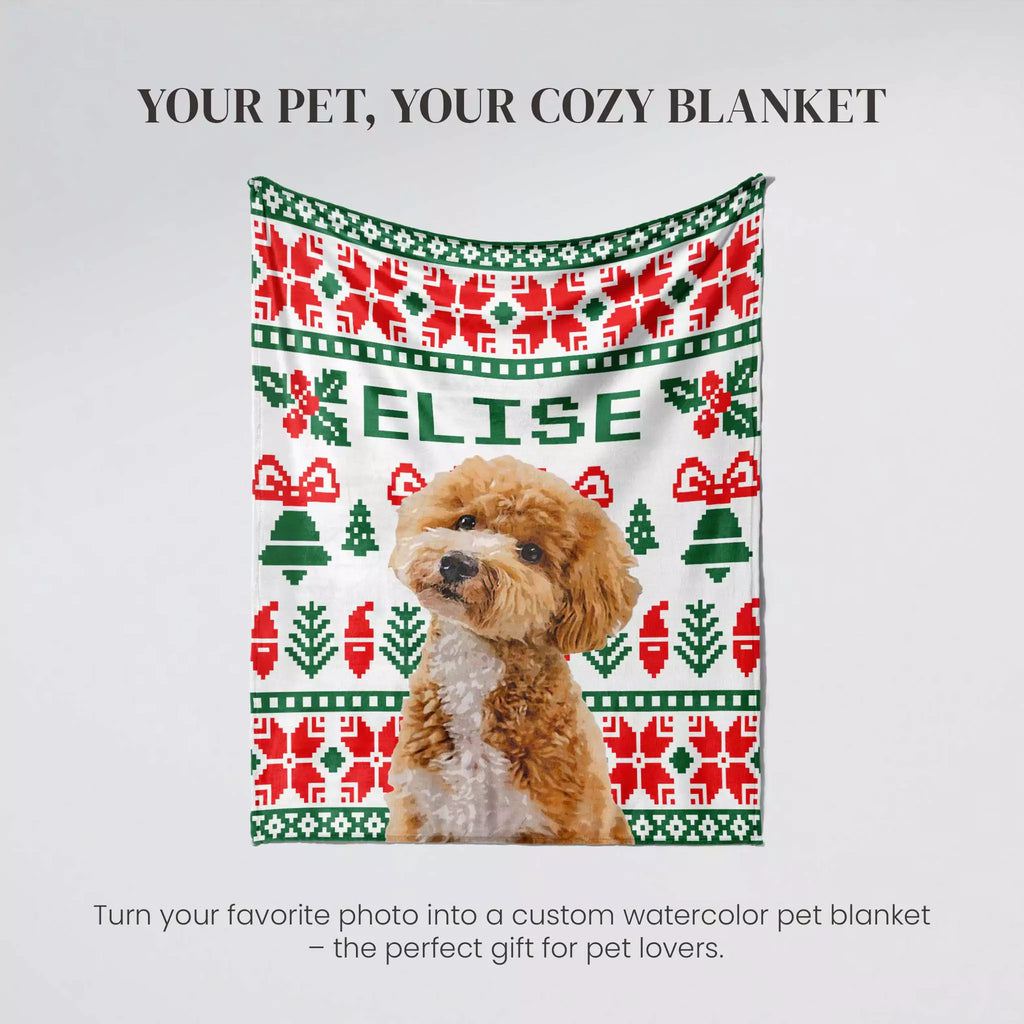 Christmas Ugly Sweater Custom Dog Blanket with Poodle showing cozy dog blanket. 