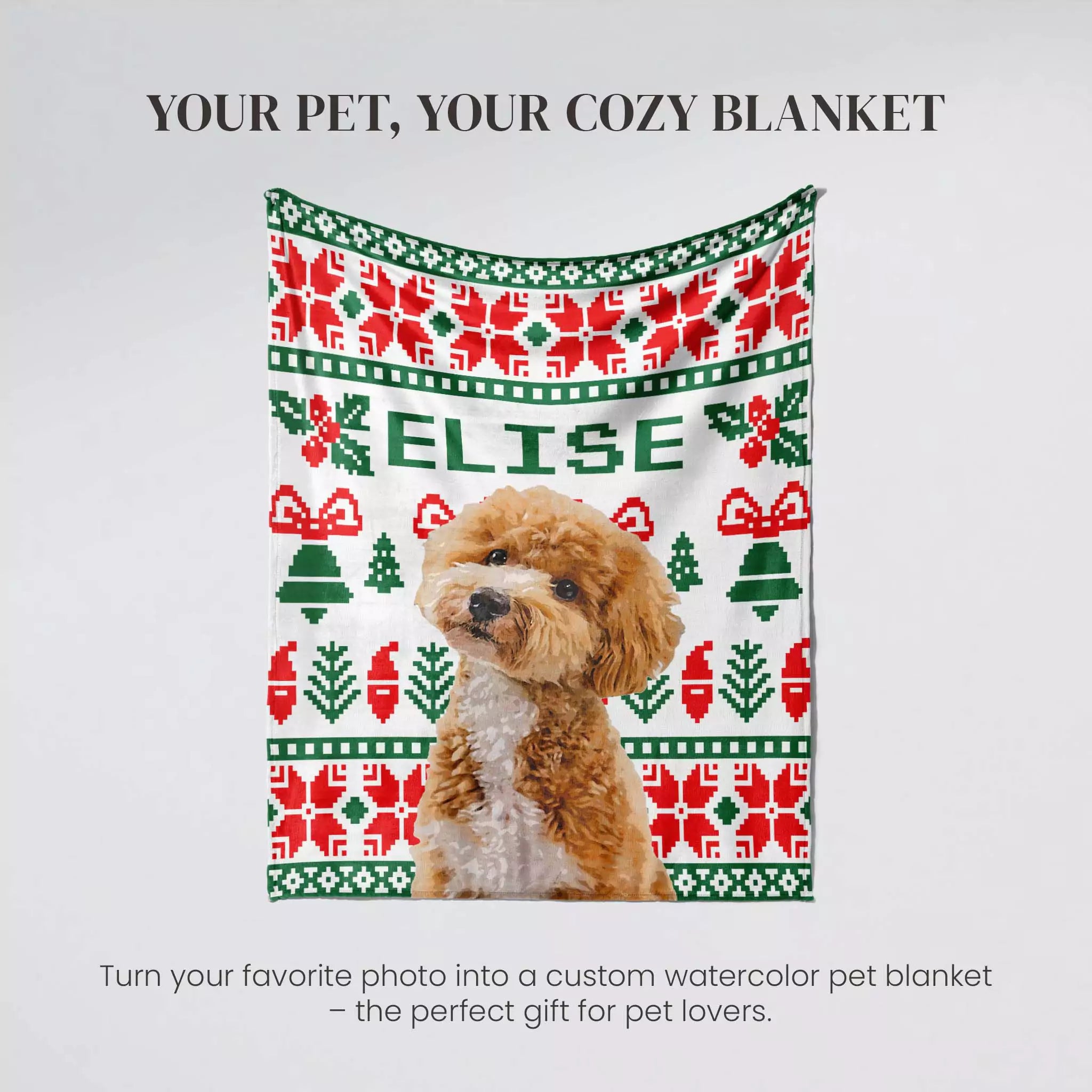Christmas Ugly Sweater Custom Dog Blanket with Poodle showing cozy dog blanket. 