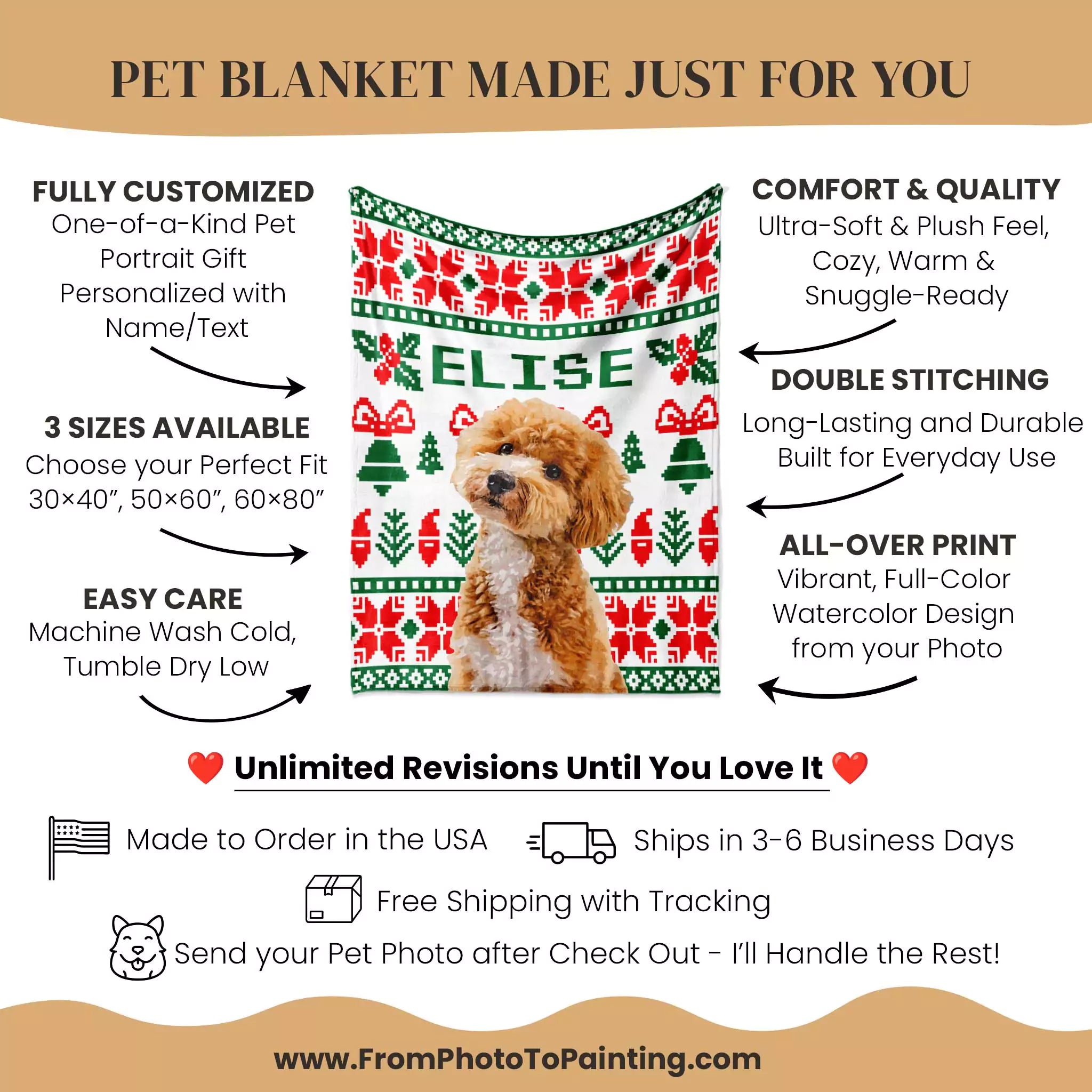 Christmas Ugly Sweater Custom Dog Blanket with Poodle with a dog design and customization information on a beige background