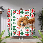 Christmas Ugly Sweater Custom Dog Blanket with Poodle person holding vertically dog blanket. 