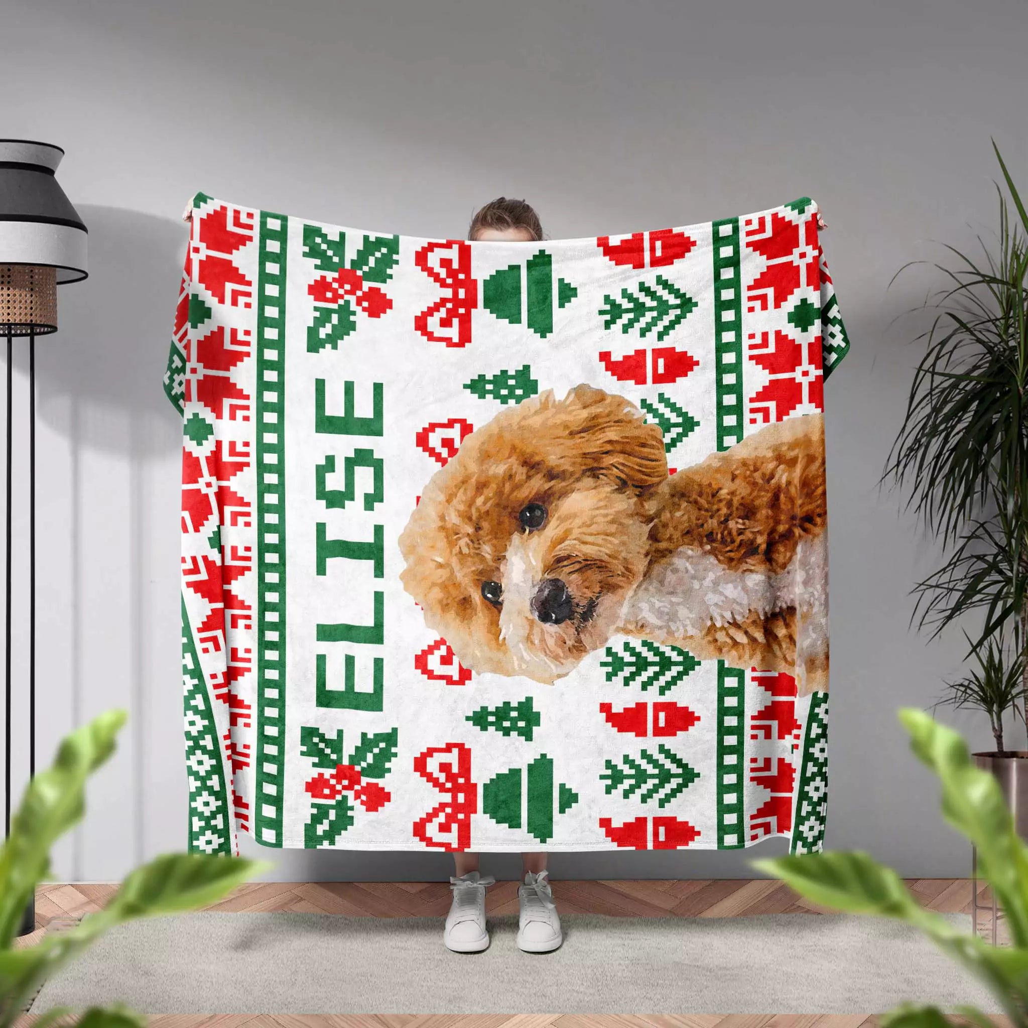 Christmas Ugly Sweater Custom Dog Blanket with Poodle person holding vertically dog blanket. 