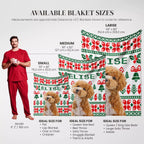 Christmas Ugly Sweater Custom Dog Blanket with Poodle with size chart and product images on a white background
