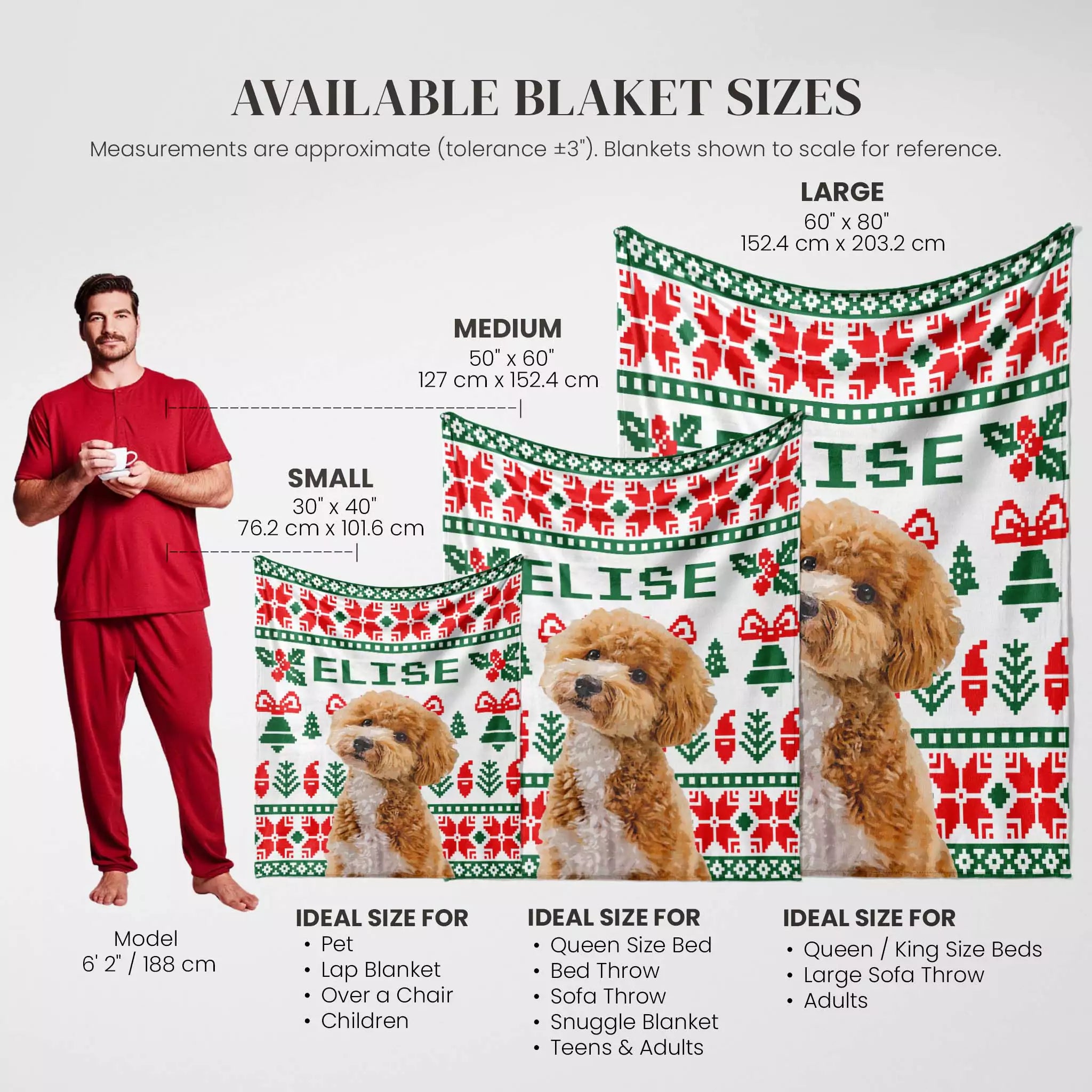 Christmas Ugly Sweater Custom Dog Blanket with Poodle with size chart and product images on a white background