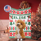 Christmas Ugly Sweater Custom Dog Blanket with Poodle person holding dog blanket. 