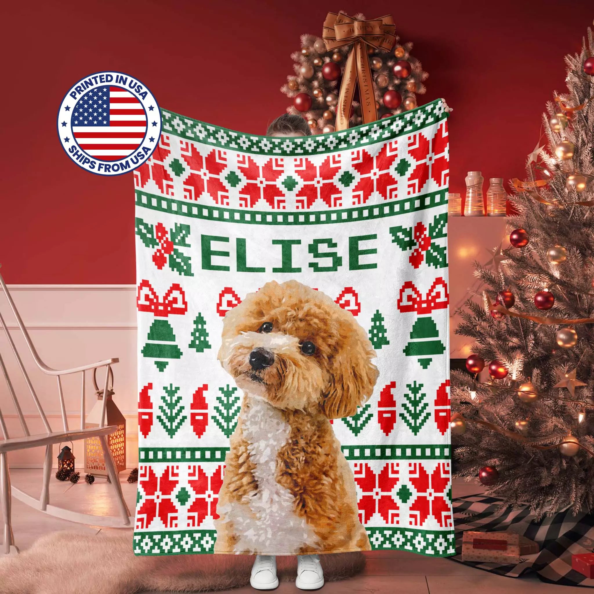 Christmas Ugly Sweater Custom Dog Blanket with Poodle person holding dog blanket. 