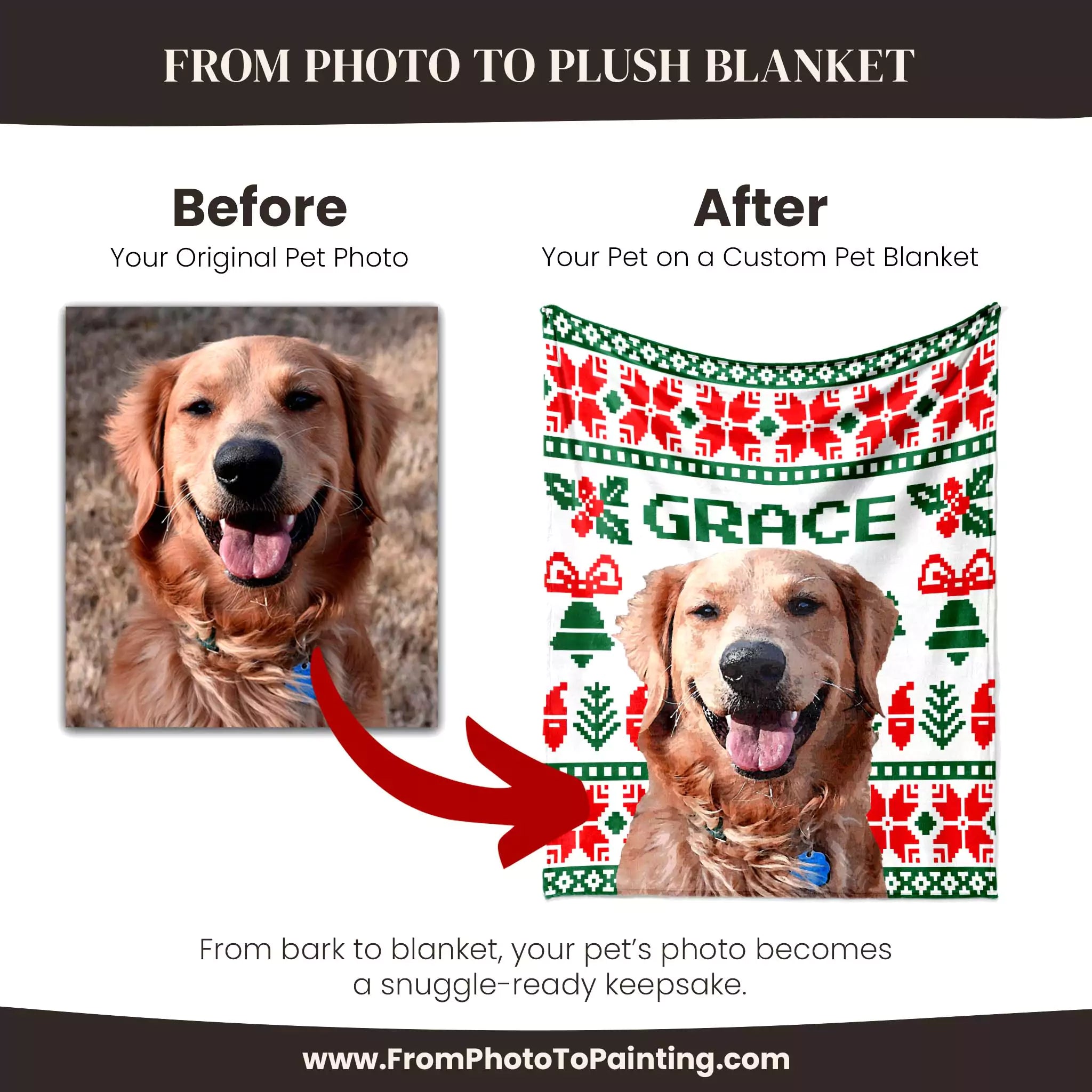 Before and after comparison of a dog photo on a cChristmas ugly sweater custom made dog blanket with 'GRACE' printed on it.