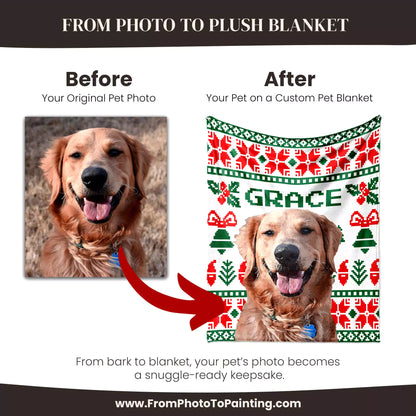 Christmas Ugly Sweater Custom Made Dog Blanket with Golden Retriever - FromPhotoToPainting