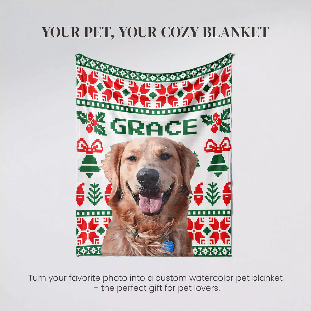 Christmas ugly sweater custom made dog blanket with a dog's photo and 'GRACE' text on a decorative border.