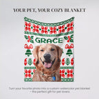 Christmas ugly sweater custom made dog blanket with a dog's photo and 'GRACE' text on a decorative border.