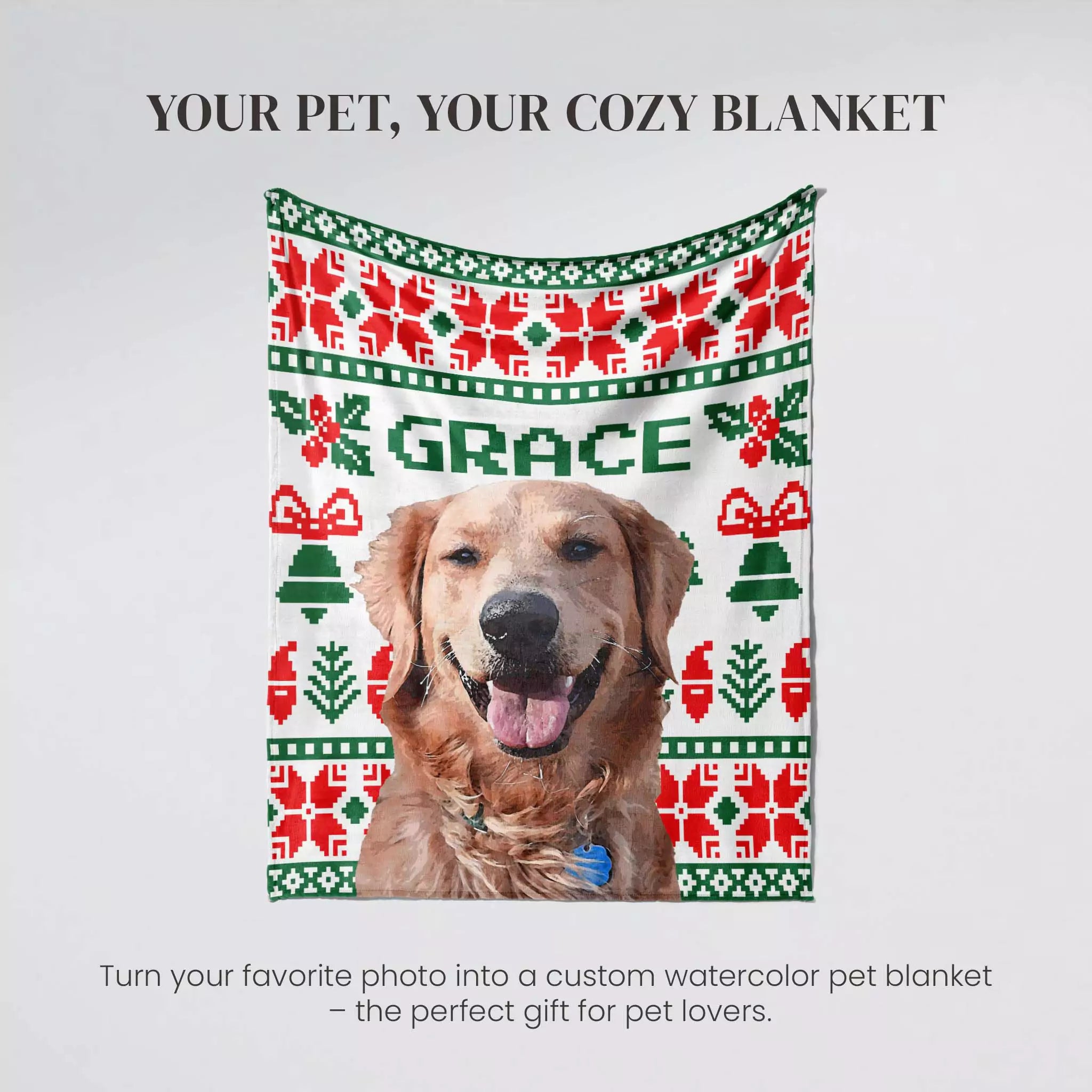 Christmas ugly sweater custom made dog blanket with a dog's photo and 'GRACE' text on a decorative border.