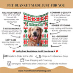 Christmas ugly sweater custom made dog blanket with a dog's face printed on it, featuring customization options and product details.