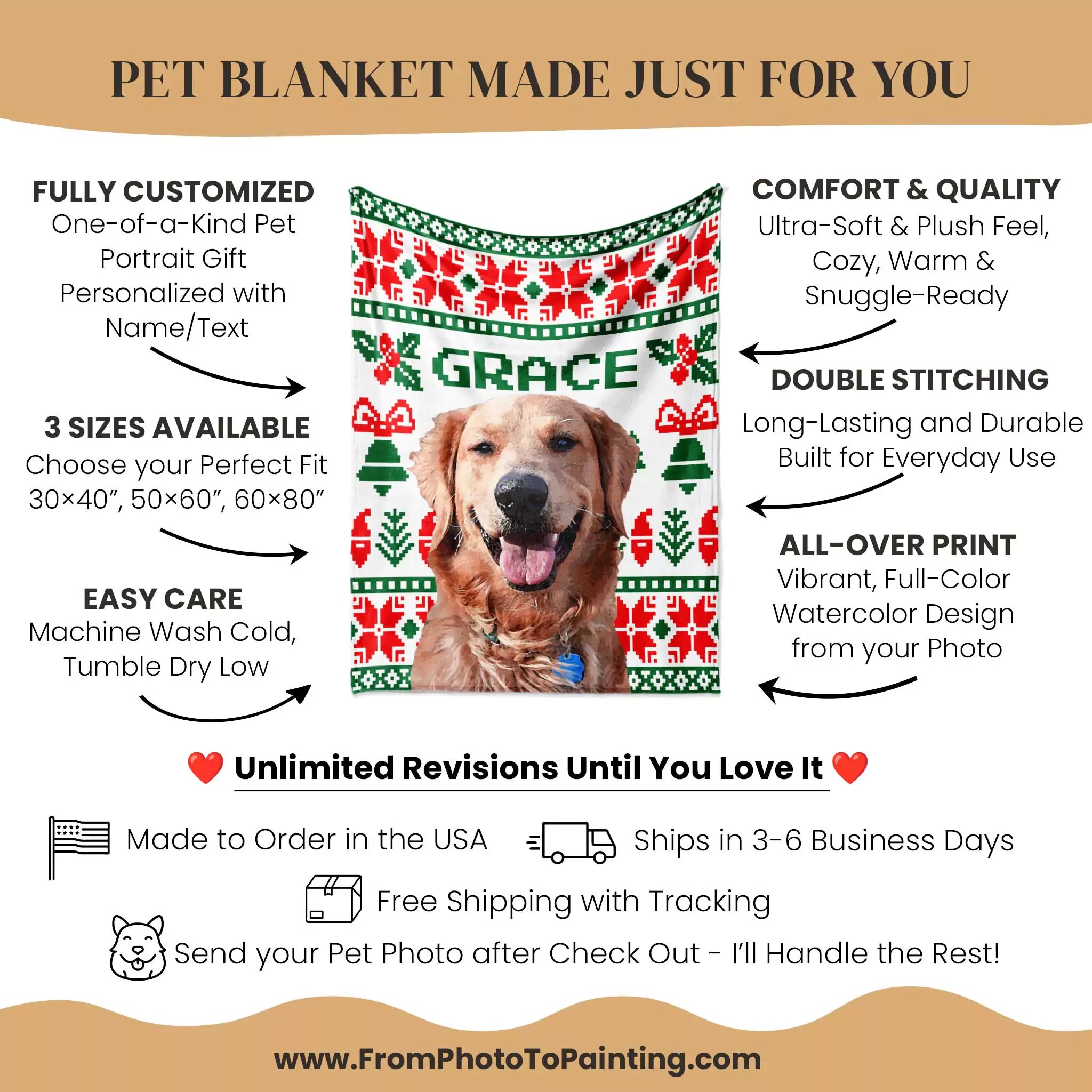 Christmas ugly sweater custom made dog blanket with a dog's face printed on it, featuring customization options and product details.