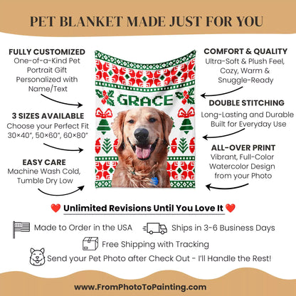 Christmas Ugly Sweater Custom Made Dog Blanket with Golden Retriever - FromPhotoToPainting