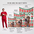 Blanket size chart with a person and dogs, showing different Christmas ugly sweater custom made dog blanket sizes and their ideal uses.