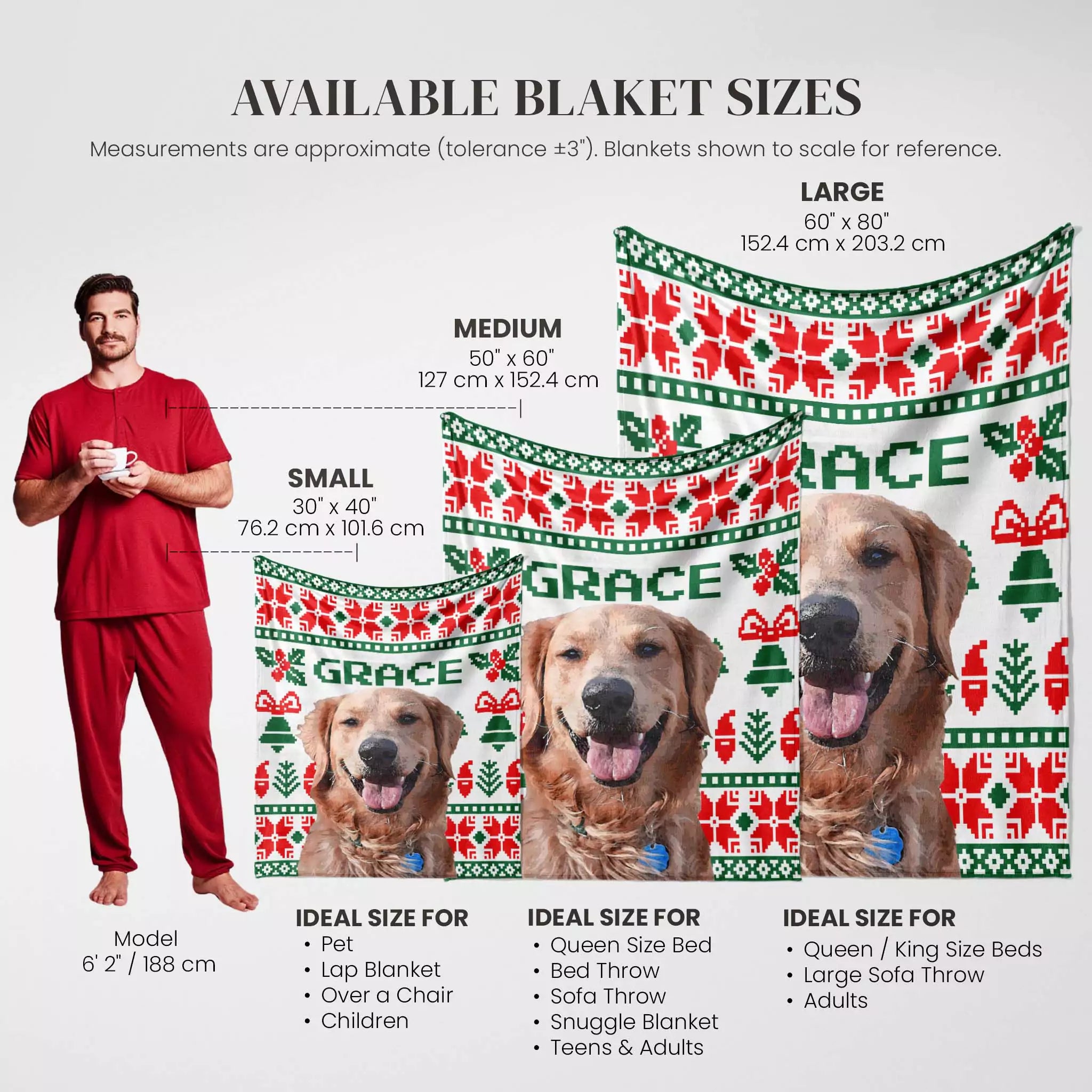 Blanket size chart with a person and dogs, showing different Christmas ugly sweater custom made dog blanket sizes and their ideal uses.