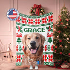Person holding a personalized Christmas ugly sweater custom made dog blanket featuring the name 'Grace' in a festive setting.