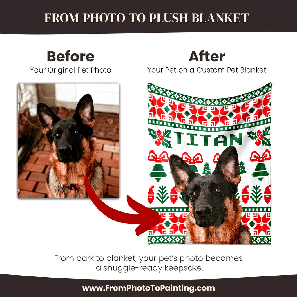 Before and after comparison of a dog photo on a custom dog blanket with 'Titan' printed on it.