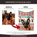 Before and after comparison of a dog photo on a custom dog blanket with 'Titan' printed on it.
