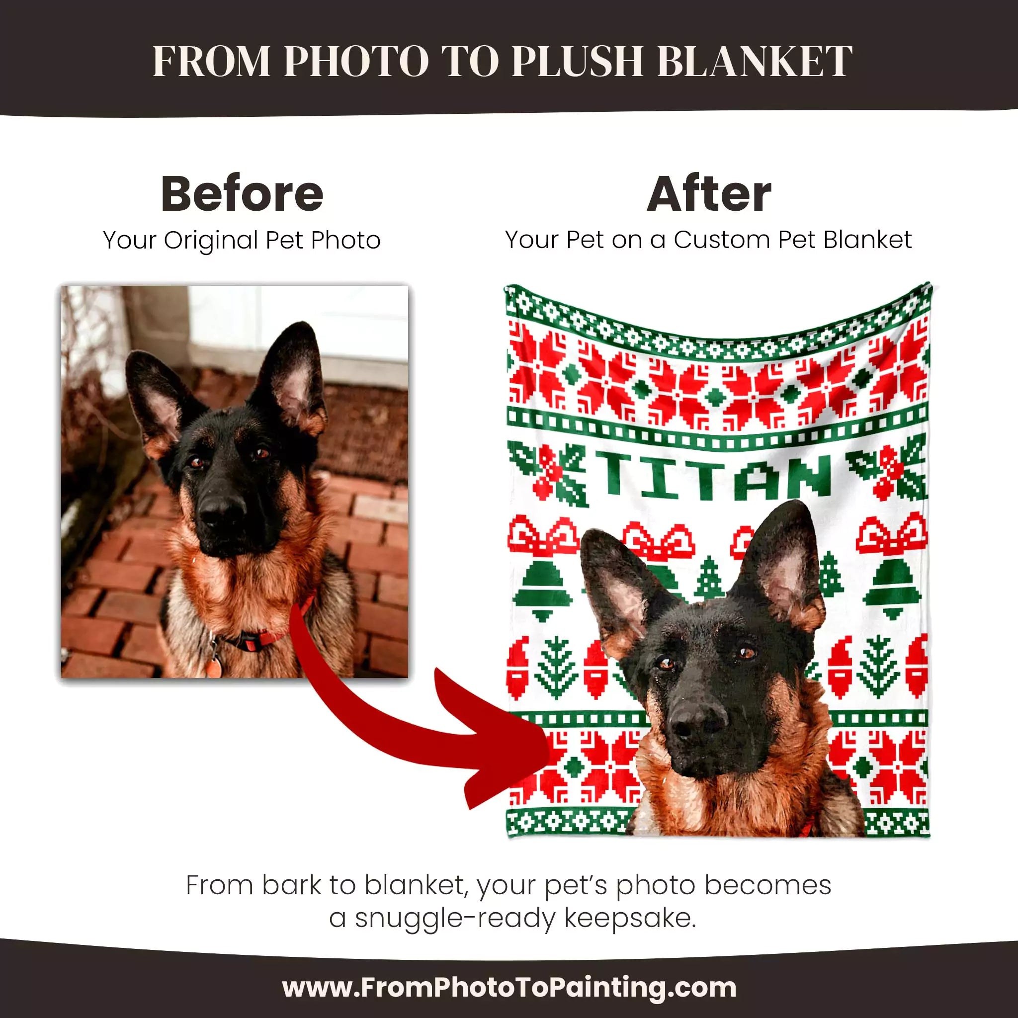 Before and after comparison of a dog photo on a custom dog blanket with 'Titan' printed on it.