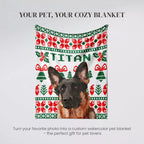 Personalized pet blanket with a dog's face and 'Titan' text on a watercolor pattern.