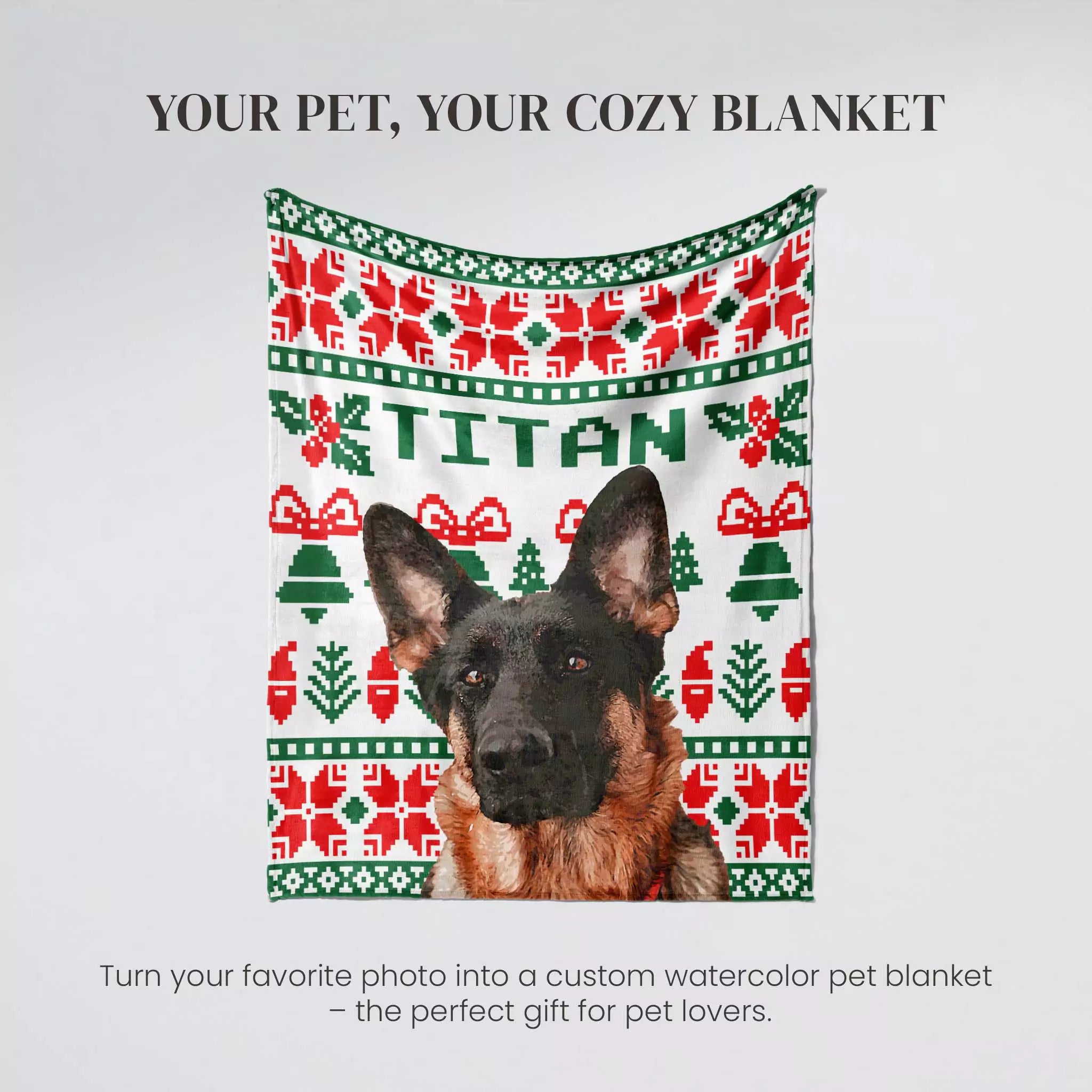 Personalized pet blanket with a dog's face and 'Titan' text on a watercolor pattern.