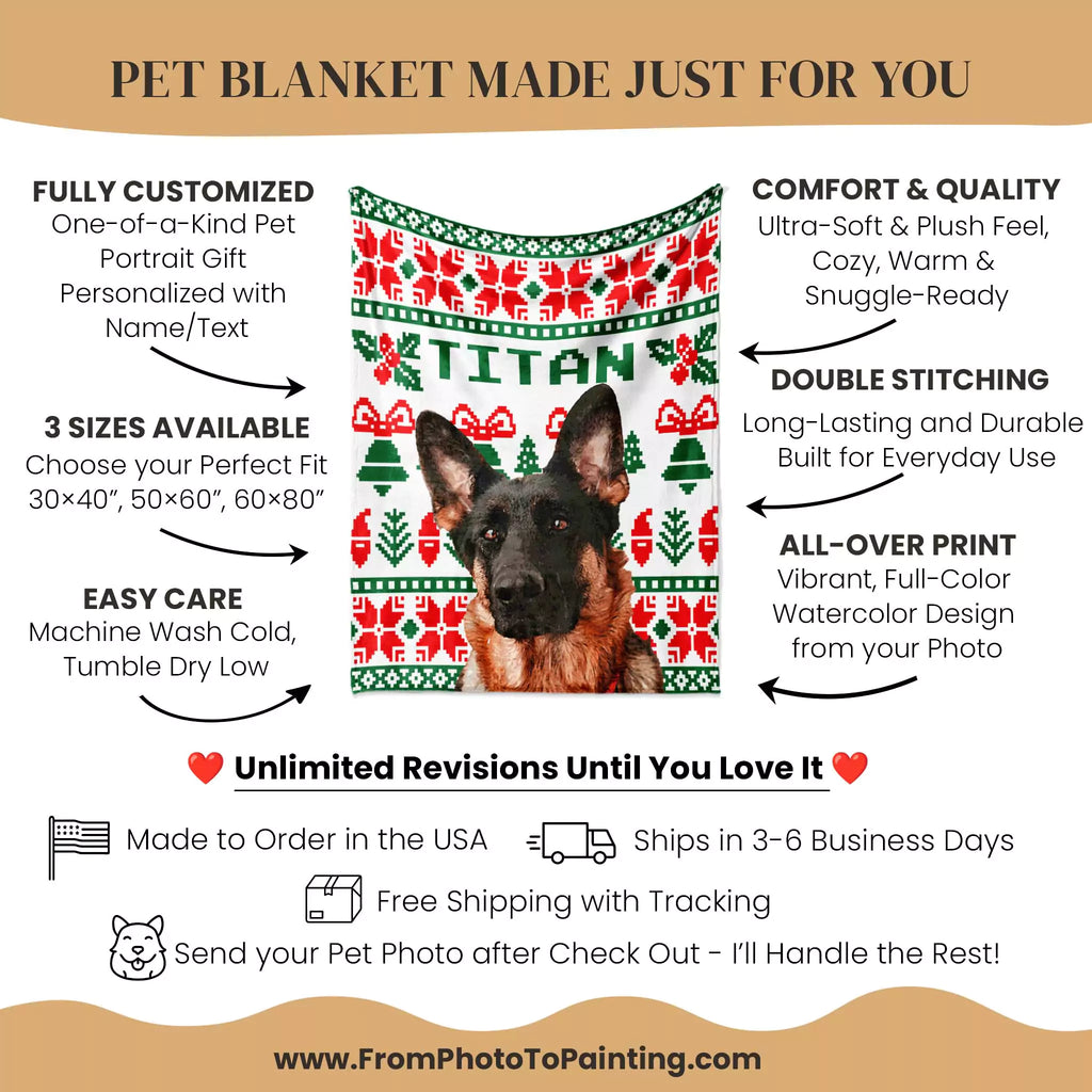 Pet blanket with a dog's face printed on it, featuring customization options and product details.