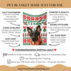 Pet blanket with a dog's face printed on it, featuring customization options and product details.