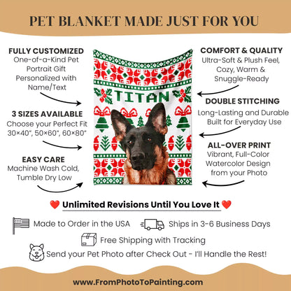 Christmas Ugly Sweater Custom Made Photo Dog Blanket with German Shepherd - FromPhotoToPainting
