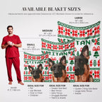 Christmas ugly sweater custom dog blanket with size chart and product images on a white background