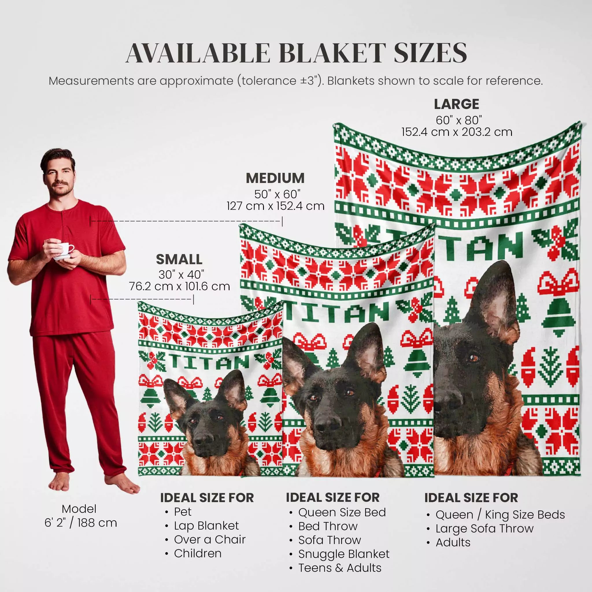 Christmas ugly sweater custom dog blanket with size chart and product images on a white background
