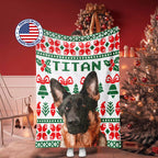 Christmas ugly sweater dog blanket with 'TITAN' printed on it, Christmas tree and decorations in the background.