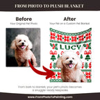 Before and after comparison of a dog photo on a custom Christmas dog blanket with 'LUCY' printed on it.