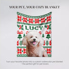 Personalized pet blanket with a dog's photo and 'Lucy' text on a decorative Christmas ugly sweater pattern.
