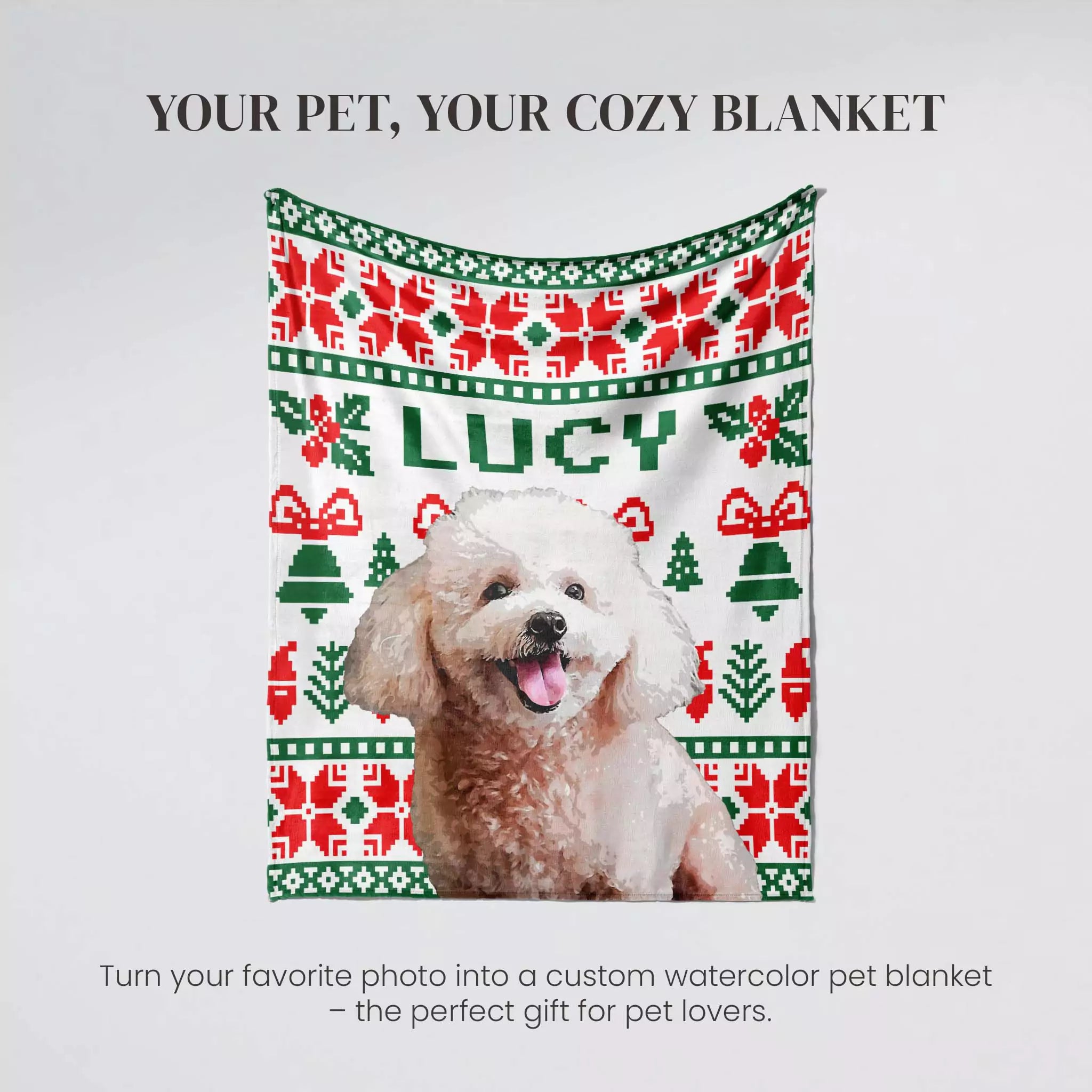 Personalized pet blanket with a dog's photo and 'Lucy' text on a decorative Christmas ugly sweater pattern.