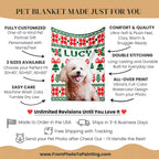 Christmas pet blanket with a dog's photo and text about customization and features on a beige background.