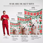 Christmas ugly sweater dog blanket with size chart and dog models on a white background