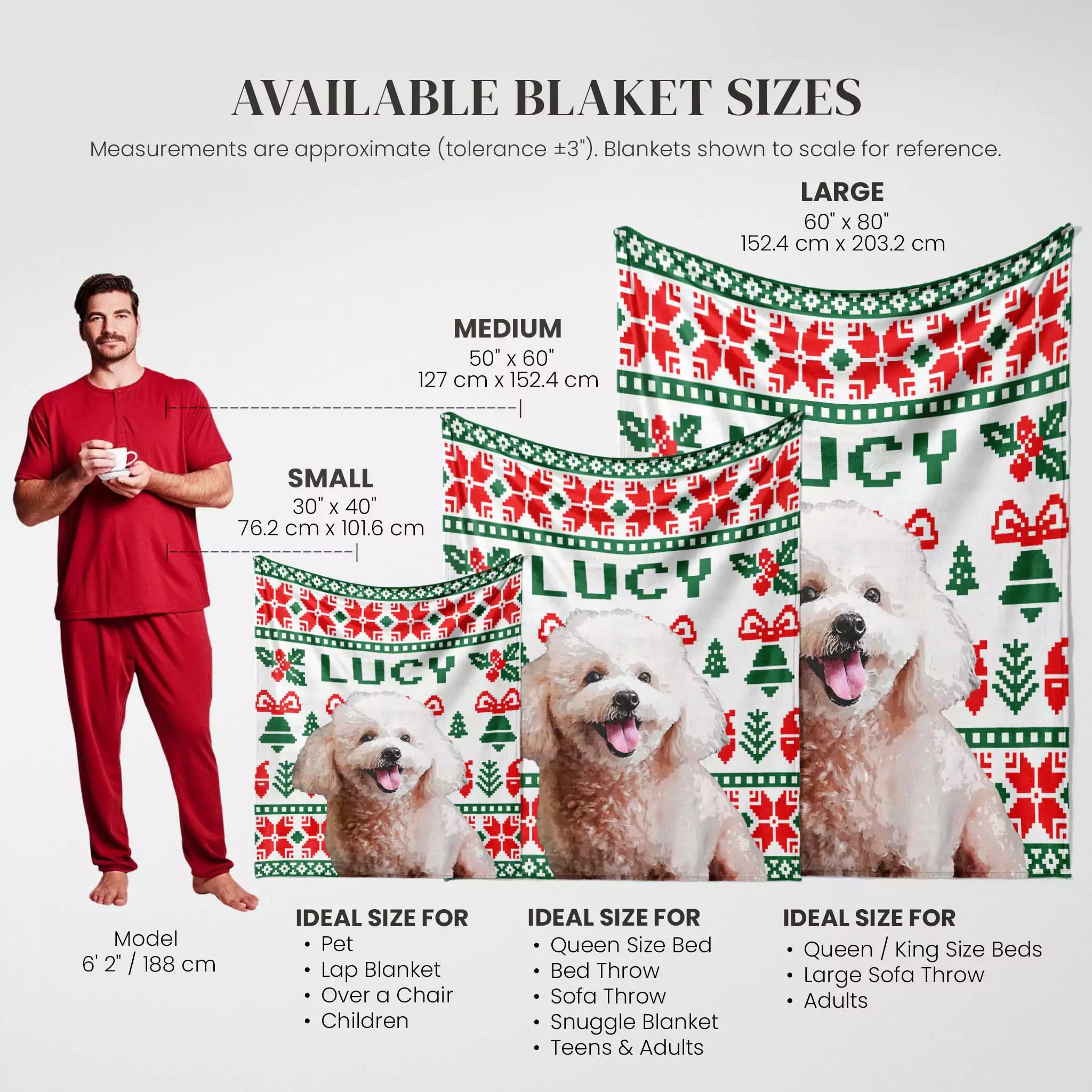 Christmas ugly sweater dog blanket with size chart and dog models on a white background