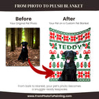 Before and after comparison of a black dog photo on a custom dog blanket with 'Teddy' printed on it.