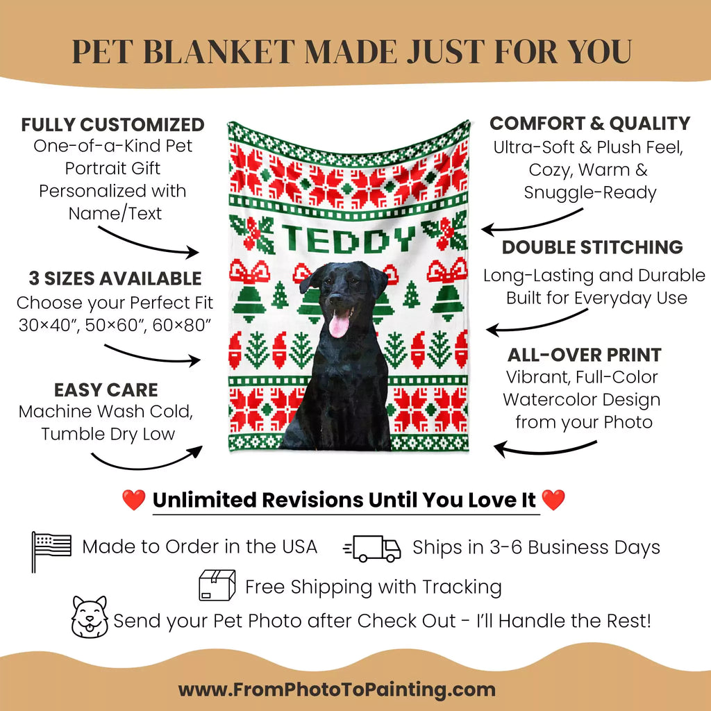 Pet blanket with a dog design and informational text for customization and features.