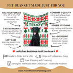 Pet blanket with a dog design and informational text for customization and features.