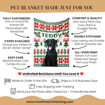 Christmas Ugly Sweater Custom Photo Dog Blanket with Black Labrador - FromPhotoToPainting