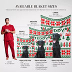 Christmas dog blanket with Christmas ugly sweater design and size chart for different blanket sizes.