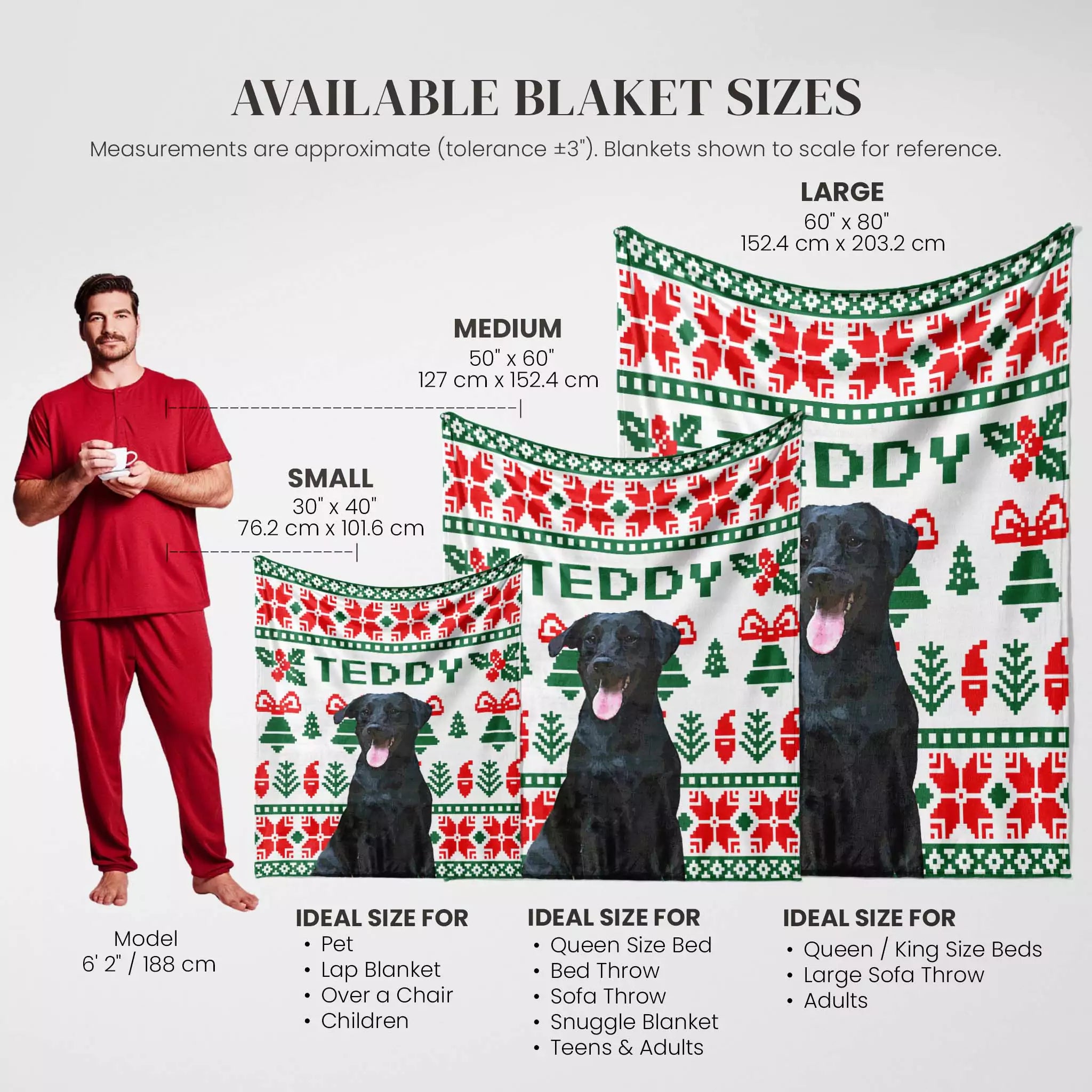 Christmas dog blanket with Christmas ugly sweater design and size chart for different blanket sizes.
