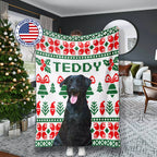 Christmas ugly sweater dog blanket with a dog's face printed on it, featuring Christmas-themed patterns and the name 'Teddy'.