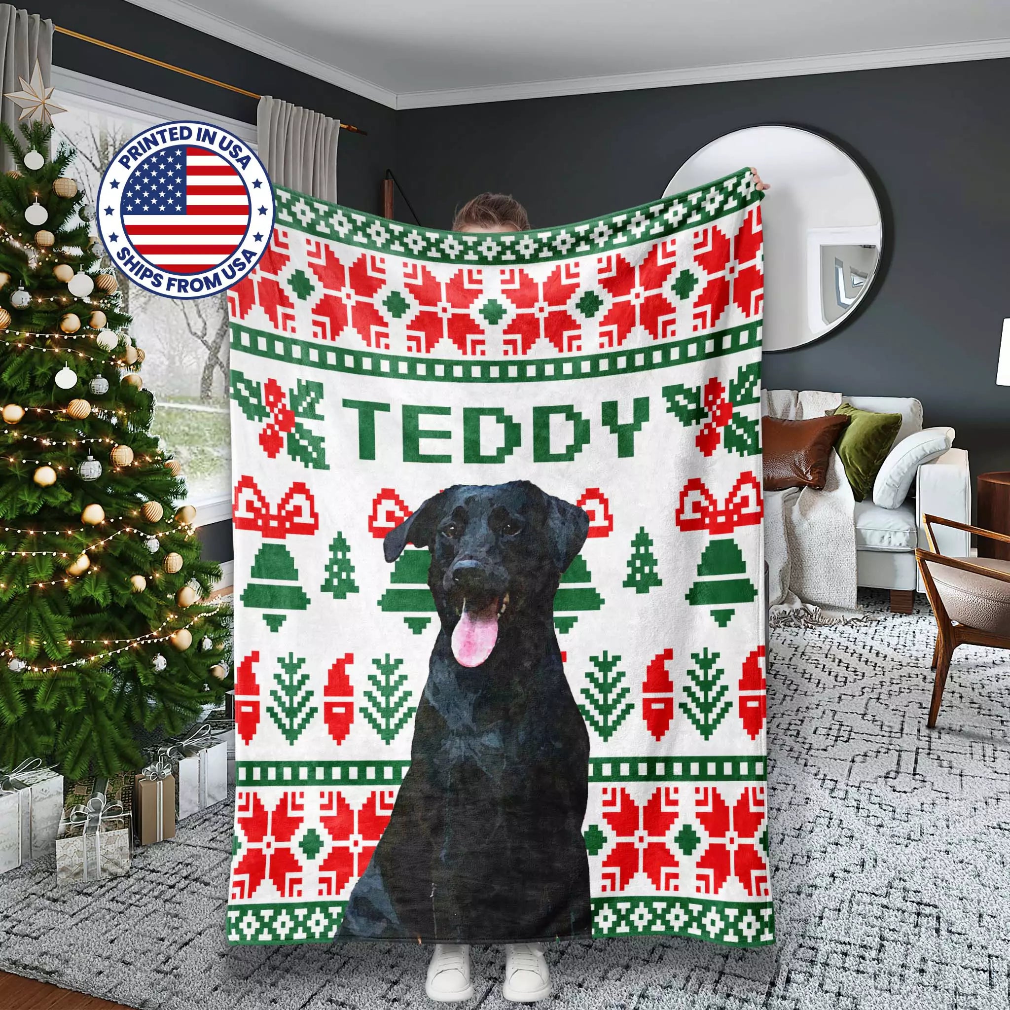 Christmas ugly sweater dog blanket with a dog's face printed on it, featuring Christmas-themed patterns and the name 'Teddy'.