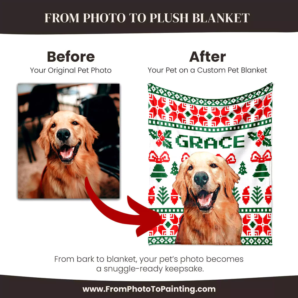 Before and after comparison of a dog photo on a Christmas ugly sweater custom dog blanket with 'GRACE' printed on it.