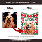 Before and after comparison of a dog photo on a Christmas ugly sweater custom dog blanket with 'GRACE' printed on it.