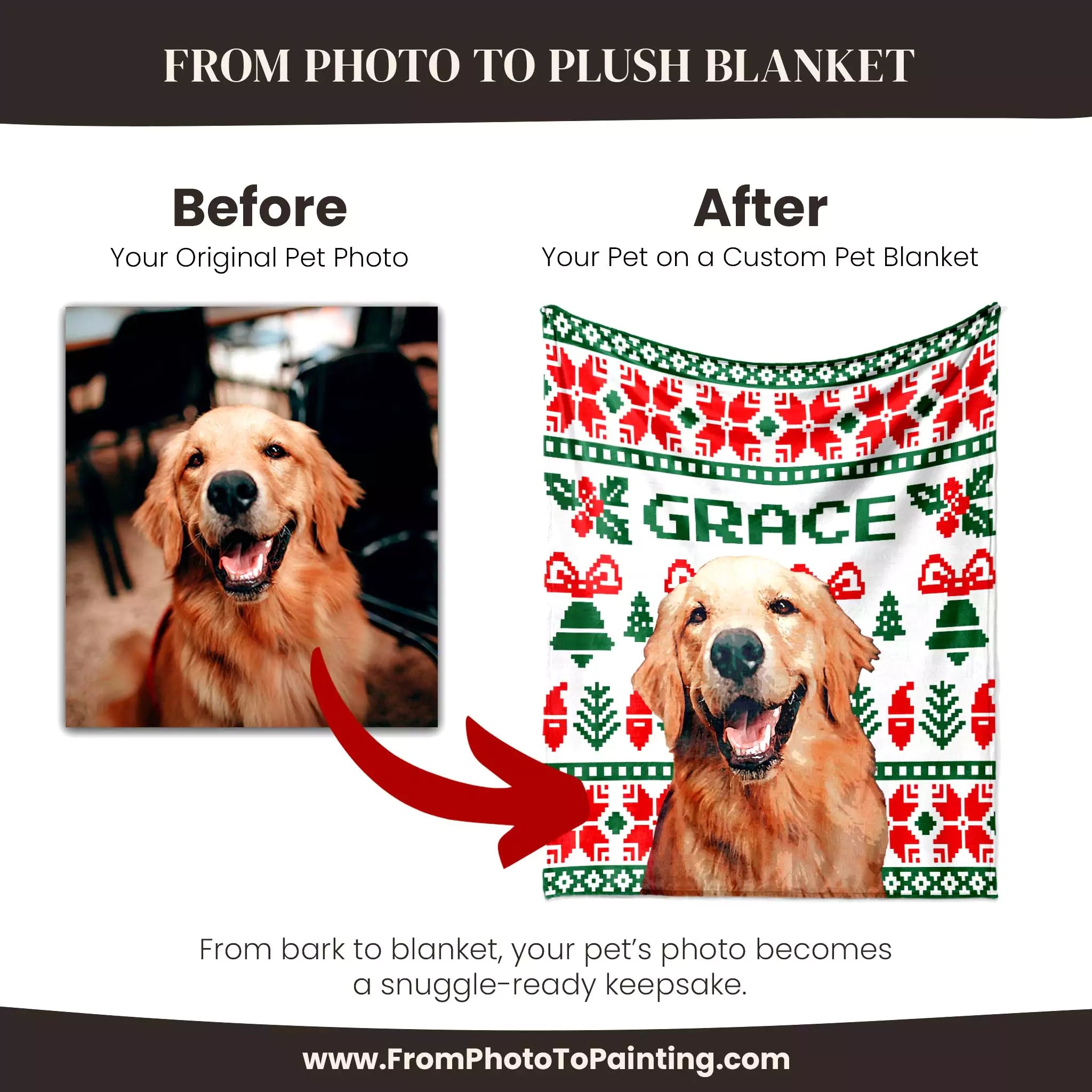 Before and after comparison of a dog photo on a Christmas ugly sweater custom dog blanket with 'GRACE' printed on it.