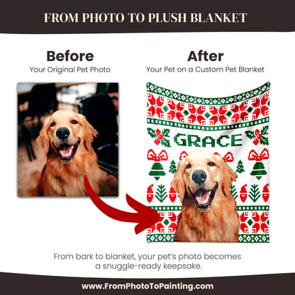 Christmas Ugly Sweater Custom Photo Dog Blanket with Golden Retriever - FromPhotoToPainting